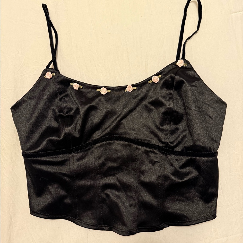 Wild Fable Black Satin Top with Pink Floral Details